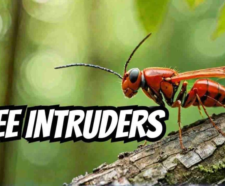 Fierce-looking red insects crawling along tree bark, their bright color standing out against the green foliage of the surrounding trees.