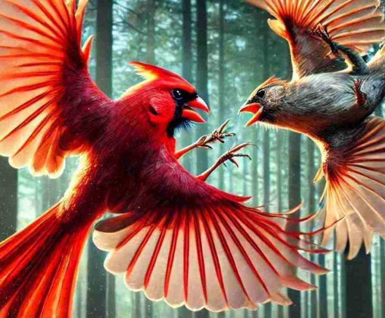 Two cardinals facing off in a treetop showdown, their bright feathers standing out in the greenery.